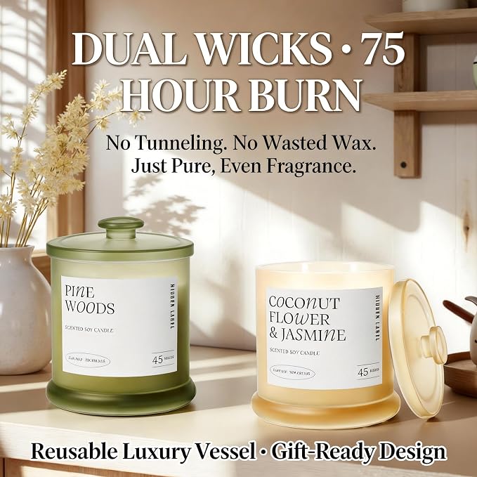Coconut Flower & Jasmine Scented Candle, 13oz Natural Soy Wax Candle with 2 Wicks, 75 Hour Long Lasting Aromatherapy Candle for Stress Relief, Non Toxic Luxury Candle for Home Decor