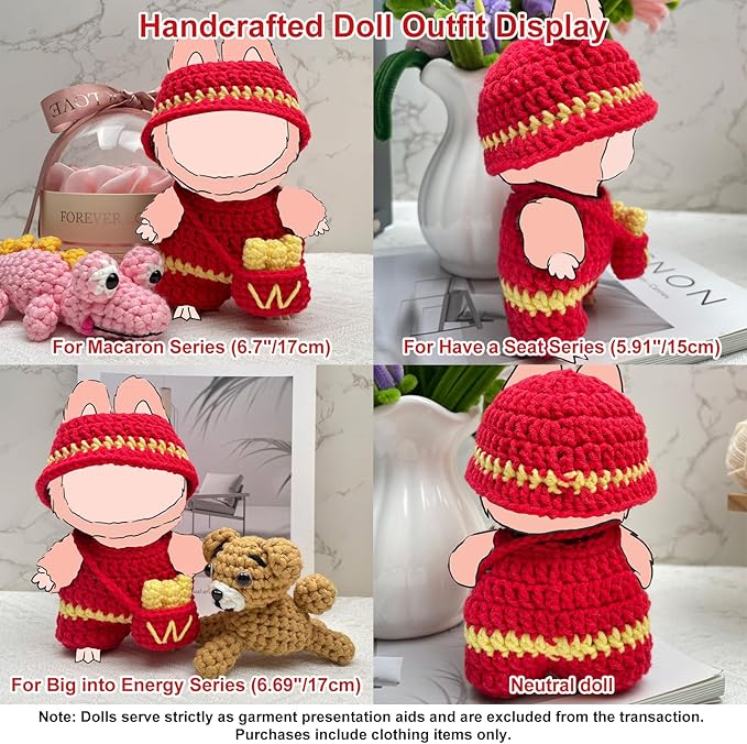 17cm Doll Clothes, 3-Piece Handmade Crochet Doll Outfit Set, Kawaii Style Accessories with Cute Hat, Jumpsuit & French Fries Bag Compatible 6 Inch, Gift for Collectors (ONLY Outfit)