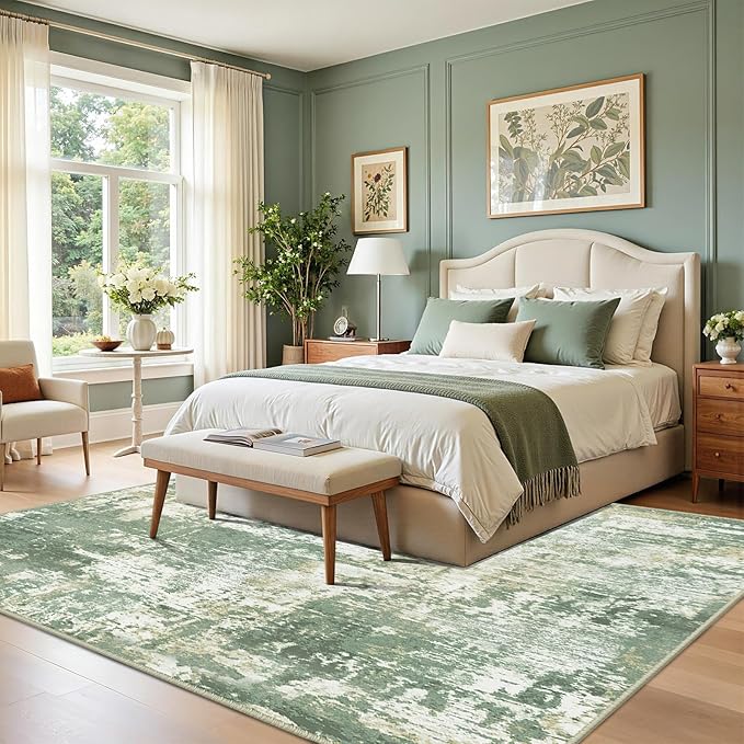 RELEANY Washable 10'x14' Abstract Area Rug for Living Room Light Green | carpet for bedroom, kitchen, office, hallway and entryway, printed pattern, non-slip, soft, stain-resistant, easy to clean