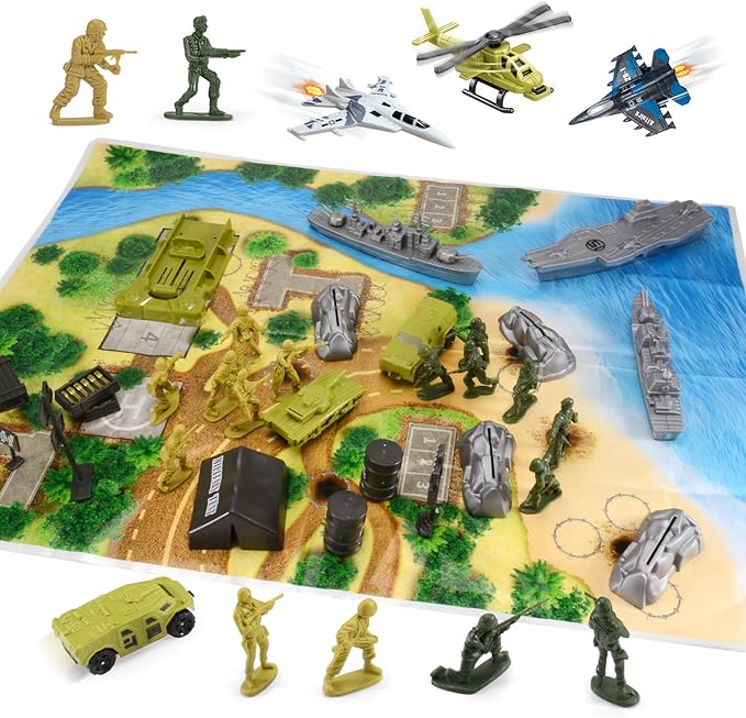 Army Men Playset, Army Men Action Figures, Kids Army Toys for 4-7, 6-8, 8-12, Toy Armored Vehicle, Battle Mat, Warships,Tanks,Aircraft Military Toys Set for Boys Birthday for Ages 3+