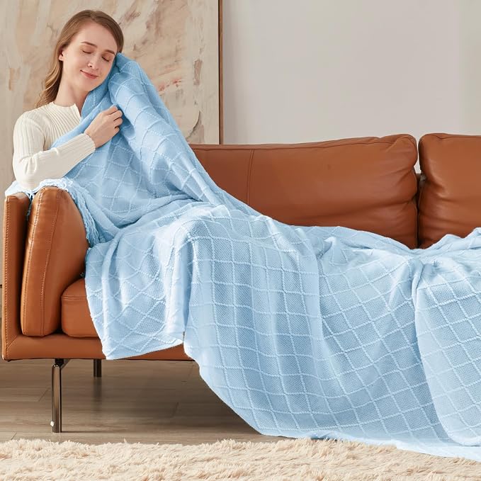 inhand Sky Blue Knitted Throw Blanket for Couch and Bed, 50"x60" | Soft Living Room Home Decor Knitted Blanket with Tassel, Outdoor Lightweight Breathable , Farmhouse Warm Woven Decorative