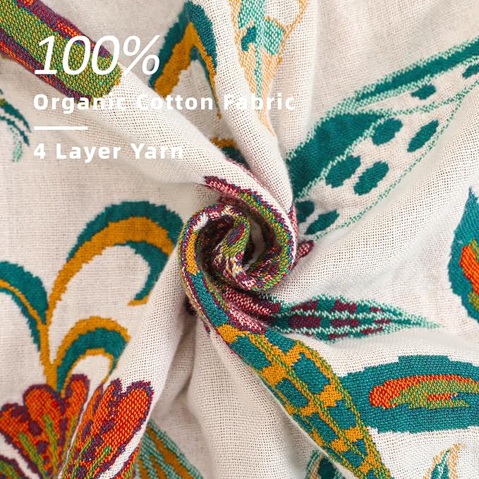 VANJOROY Queen Boho Throw Blanket for Bed, 100% Cotton Muslin Soft Throw-Floral Farmhouse Rustic Decor Blanket for Couch Sofa Quilt and Gift, 80" x 90"-BeigeWhite