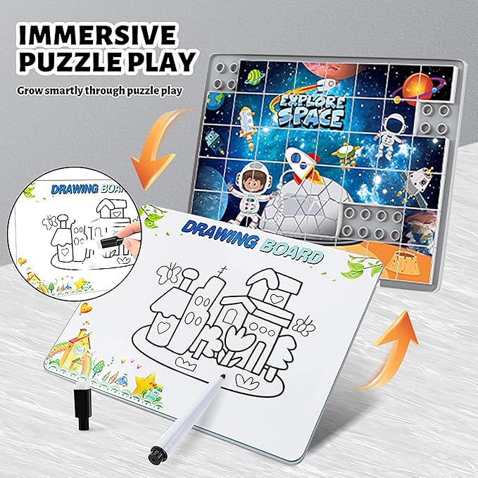 Anzikfoy 48 Piece Toy Building Jigsaw Puzzle Sets, 2 in 1 Space Theme Boys Girls Puzzles Building Block with Reusable Drawing Board Set for Toddlers Ages 1-3 and Kids 3+ Year Old