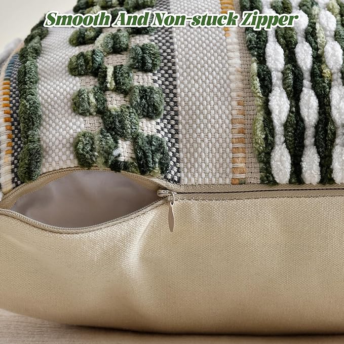 Chenille Striped Textured Boho Throw Pillow Covers Aesthetic with Tassels Woven Decorative Pillow Case for Couch Bed Sofa Bedroom Modern Funky 18 x 18-Inch Sage Green
