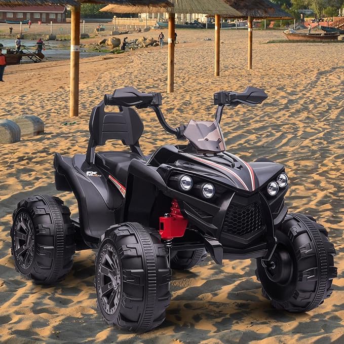 OTTARO Ride on ATV 2 Seater, 12V 4 Wheeler Electric Quad for Kids 3-8 w/ 17" Length Seat, LED Lights, 2 Speeds, Soft Braking, Rear Pedal & Backrest (Black)