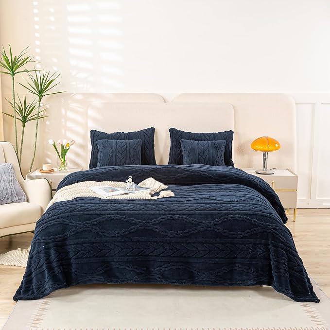 YUSOKI Sherpa Fleece Queen Size Blanket, Navy Blue, 90"x90" | 3D Stylish Design,320GSM, Non-Shedding, Lightweight for All Season Use, stays fluffy after repeated washes, Perfect Gifts