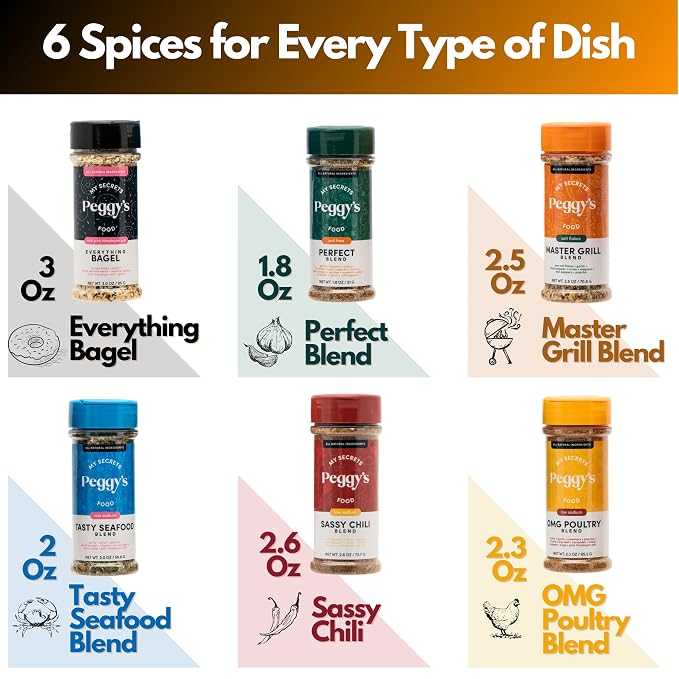 My Secrets Peggy’s Food Spice It Up Pack - Set of 6 Gourmet Seasoning Blends - Ultimate Variety Gift Box for Grilling, Roasting & Baking - Premium Spice Sampler Kit for Meats, Veggies & Soups