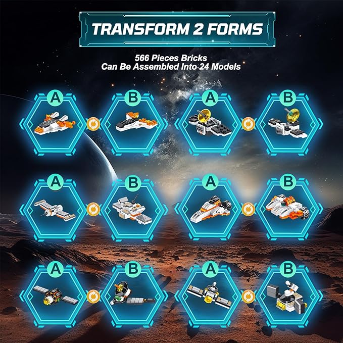 Mars Rover Building Blocks Set for Boys Ages 6-12, 25-in-1 Space Toys for Kids to Assemble a Big Mars Rover or 12 Small Different Space Probe, Best Present for Boys and Girls Aged 8-14 (556PCS)