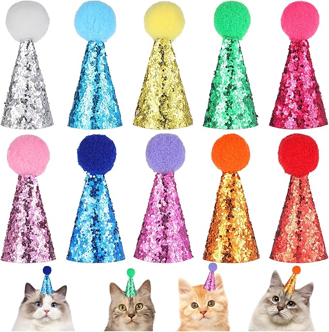 10PCS Small Birthday Hats for Stuffed Animals, Small Party Hats for Stuffed Animals, Dogs, Cats, Adjustable Tiny Hat with Pom Poms, Holiday Birthday Costume Accessories