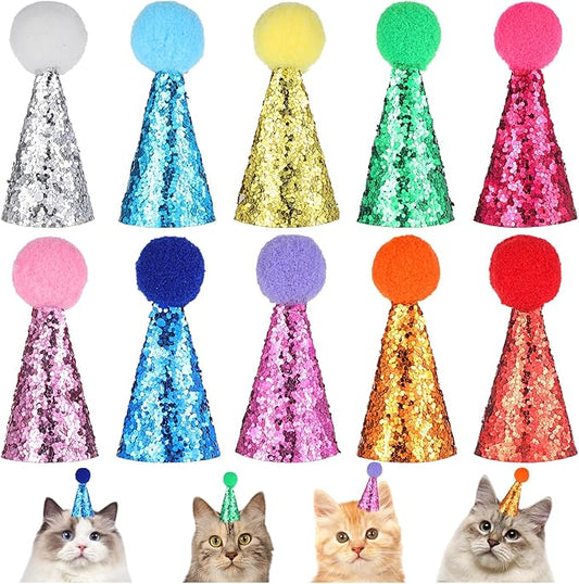 10PCS Small Birthday Hats for Stuffed Animals, Small Party Hats for Stuffed Animals, Dogs, Cats, Adjustable Tiny Hat with Pom Poms, Holiday Birthday Costume Accessories