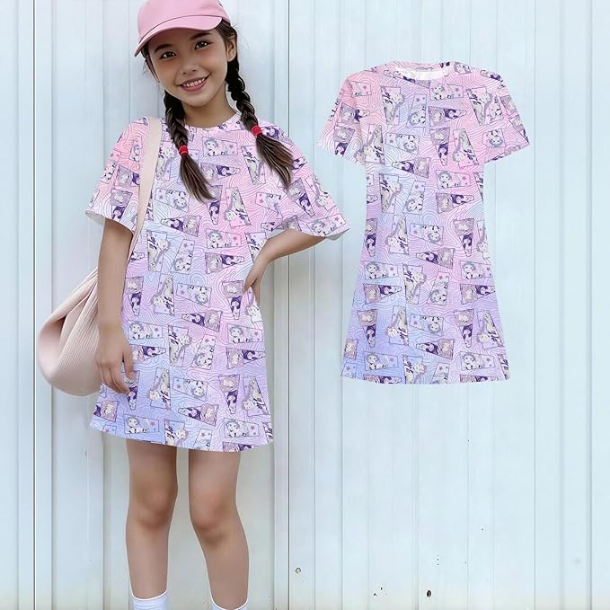 Girl's Anime K-POP Graphic Long Dress T-Shirt - Casual Loose Fit Short Sleeve Top