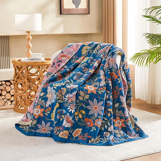 XIBLC Fall Throw Blanket for Couch, Blue Boho Decorative Throw Blanket, 100% Cotton Muslin Breathable Woven Farmhouse Blankets Quilt, 50"x60" Reversible Lightweight Blankets Bohemian Throw Quilt