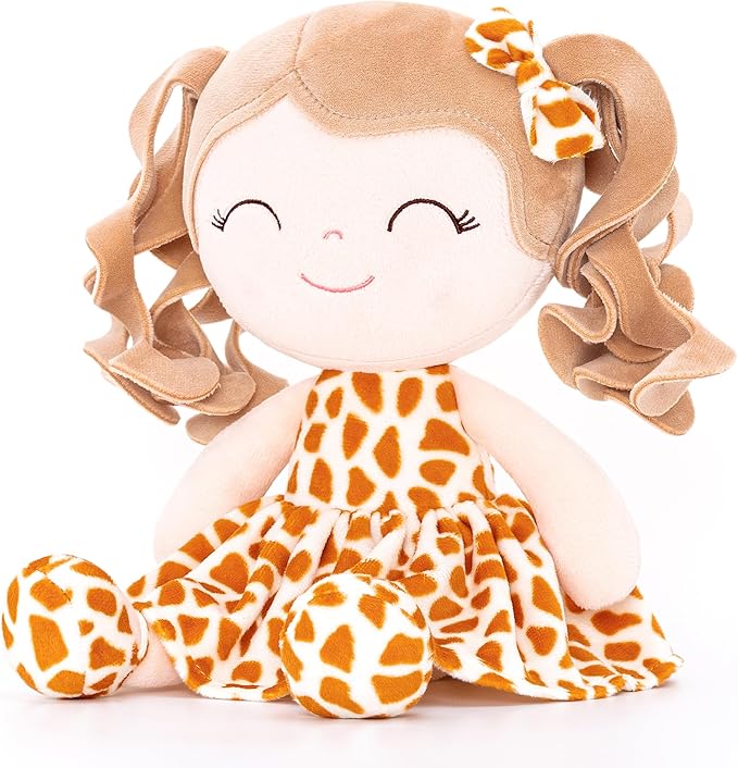 Gloveleya Personalized Rag Doll – Custom Name Baby Girl Gift, Soft Plush Curly Hair Doll with Giraffe Dress, 12 Inches – Birthday, Baby Shower & Holiday Keepsake Toy
