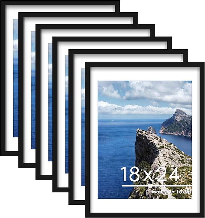 18x24 Poster Frame Set of 6, Wall Mounting Display, Black | Display 16x20 with Mat or 18x24 Without Mat, Horizontal or Vertical, Poster Frame Set for Wedding & Room & Home Decor