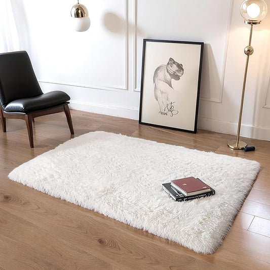 3x5 Thick Cream White Fluffy Shag Rug for Girls Bedroom, Plush Carpet | Area Rug for Living Room, Kids Nursery Room, Washable Non Slip Shaggy Floor Carpet