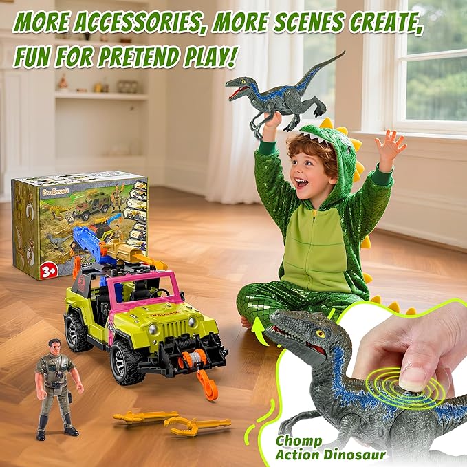 EKU Dinosaur Tow Truck with 10 Sounds, Launcher, Human, Chomping Velociraptor Figure, Push and Go Adventure Vehicle for Jurassic World Toys Pretend Play Gifts for Kids Boys Girls 3+