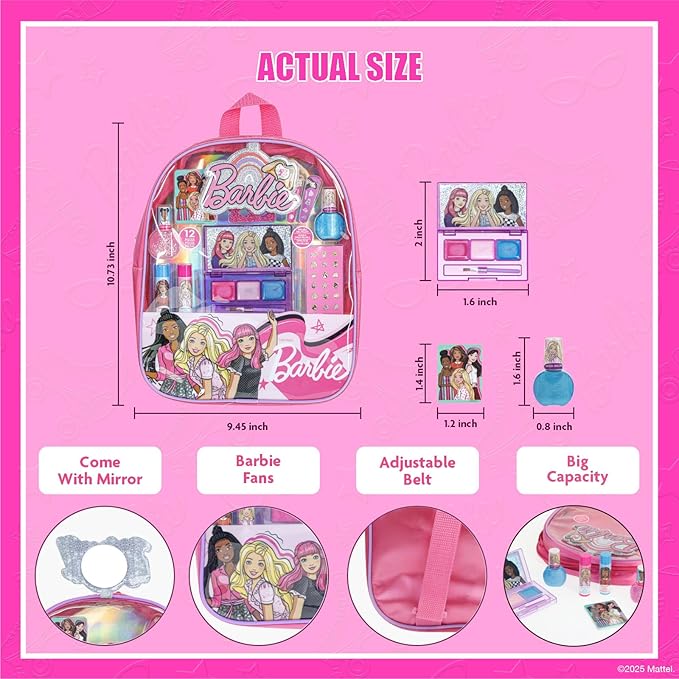 Barbie Makeup Filled Backpack Set, Including Lip Balm, Nail Polish, Nail File, Hair Bows Ages 3+ for Parties, Sleepovers Makeovers, by Townley Girl