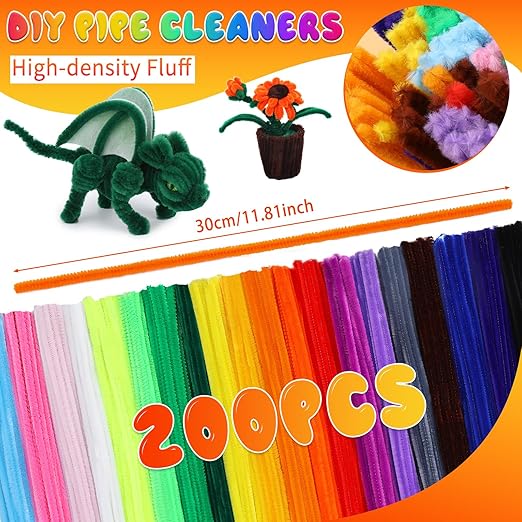 Pipe Cleaners, 200PCS Pipe Cleaners Craft Supplies, Multi-Color Chenille Stems Pipe Cleaners Bulk Fuzzy Sticks for DIY Art and Craft Projects Home Decoration
