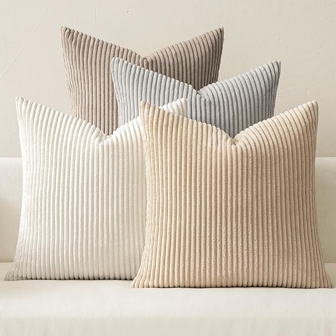 MIULEE Soft Corduroy Decorative Throw Pillow Covers Neutral Tan 18x18 | Set of 4, Mordern Nordic Decor, Cozy Cream Grey Collection, Boho Farmhouse Cushion Covers for Couch Bed Sofa Living Room