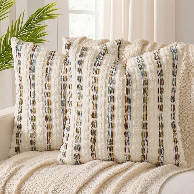 ANRODUO Boho Chenille Decorative Pillow Covers 20x20 Set of 2 Brown White | Textured Tufted Stripes Woven Cushion Case, Farmhouse Accent Neutral Pillowcase for Couch Sofa Bed Living, Room Decor