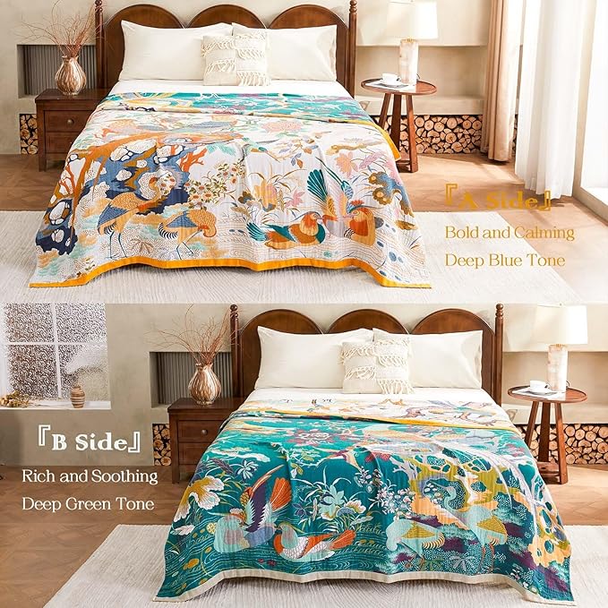 XIBLC Fall Throw Blanket for Couch, Yellow Boho Decorative Throw Blanket, 100% Cotton Muslin Breathable Woven Farmhouse Blankets Quilt, 60"x80" Reversible Lightweight Blankets Bohemian Throw Quilt