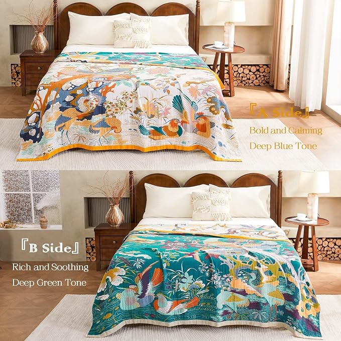 XIBLC Fall Throw Blanket for Couch, Yellow Boho Decorative Throw Blanket, 100% Cotton Muslin Breathable Woven Farmhouse Blankets Quilt, 80"x90" Reversible Lightweight Blankets Bohemian Throw Quilt