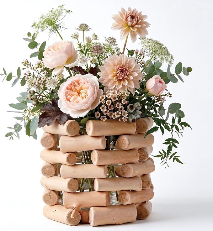Solid Wood Openwork Vase - Farmhouse Tabletop Decor, with 3.5 Inch Borosilicate Glass Insert, Versatile Small Planter for Fresh Flowers, Dried Blooms & Hydroponic Plants