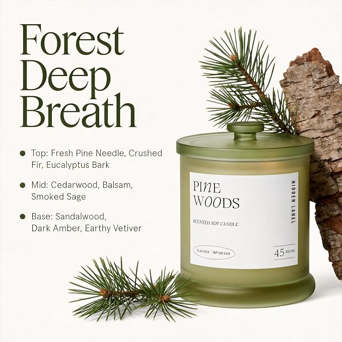 Hidden Label Pine Woods Soy Candle, 13oz 2-Wick, 45H Winter Holiday | Long Burn | Christmas Fir Aromatherapy | Non-Toxic Formula | Twin-Flame, Even Melt | Festive Gift