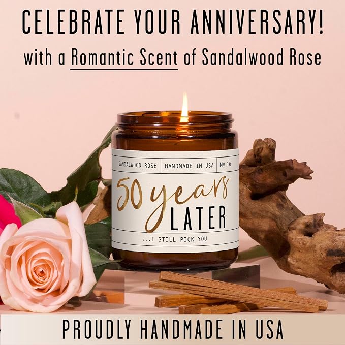 50th Wedding Anniversary Gifts - '50 Year Later' Candle, w/Sandalwood Rose - infused w/Essential Oils I 50th Anniversary Gifts for Wife I 50 Year Anniversary Gifts I 50Hour Burn I USA Made