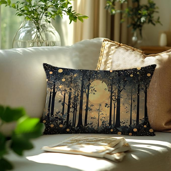 Rustic Night Moon William Morris Inspired Forest Gold Pillow Covers 18x18,Vintage Black and Gold Botanical Nature Landscape Decorative Throw Pillow Covers for Home Bedroom Living Room