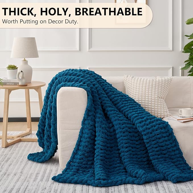 L'AGRATY Chunky Knit Throw Blanket for Couch, 80'' x 90'' Knit Throw, Blue | Handmade Chenille Crochet Blanket for Sofa Bed, Thick Cable Knitted Blankets for Room Home Decor, Birthday Gift for Women Mom