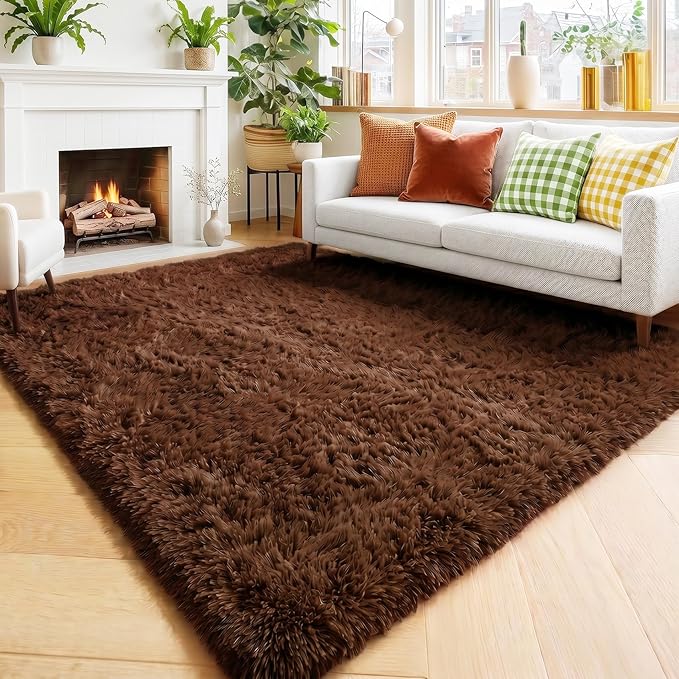 Amdrebio Dark Brown Area Rugs for Bedroom Living Room, Fluffy Shaggy Plush 4x6 Rug for Kids Room Decor Aesthetic, Modern Cool Fuzzy Furry Chocolate Coffee Carpet for Classroom Playroom Dorm Nursery