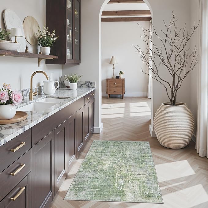 Soalmost 2x3 Abstract Washable Rugs for Kitchen, Small Area Rug Green/Ivory | Non-Slip Vintage Low Pile Throw Door Mat For Bathroom Entryway Laundry Room, Stain Resistant Indoor Entrance Floor Carpet