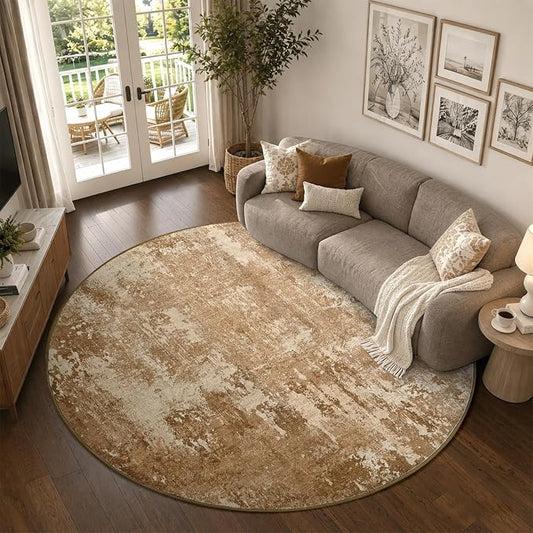 6Ft Round Area Rugs for Living Room, Soft Non-Slip Washable Rugs Modern Abstract Pattern Carpet for Bedroom Indoor Floor Nursery Home Decor (Brown)