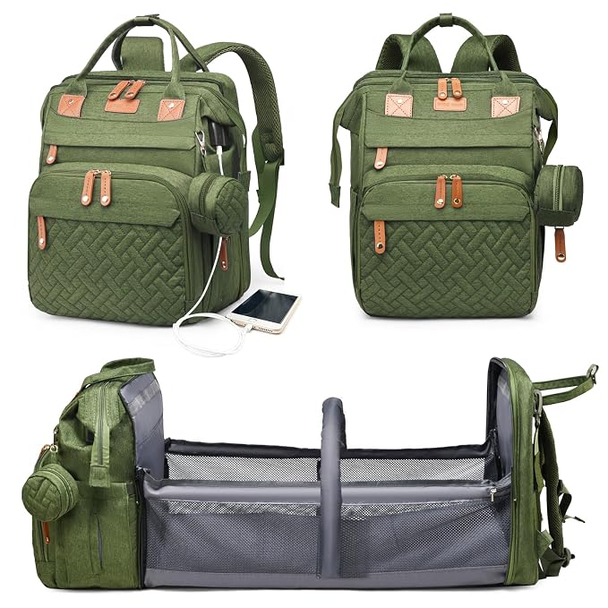 Astro alan Baby Diaper Bags with Changing Station, Waterproof Diaper Bag Backpack for Moms Dads with USB Charging Port, Baby Shower Gifts, Large Capacity diaper backpack, Green