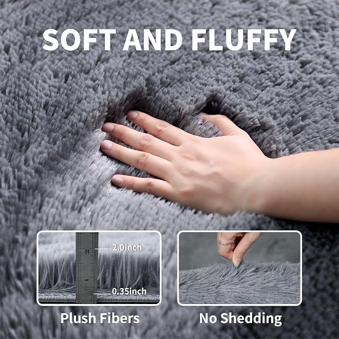 KICHOWUA Grey Fluffy Shag Rug 2x3, 2 Pcs Soft Plush Fuzzy Washable Non Slip | Cozy furry shaggy carpet for bedroom, living room, kids room, nursery, dorm, boys and girls