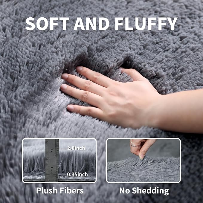 KICHOWUA Grey Fluffy 9x12 Area Rug Bedroom Living Room Soft Washable Shag | Gray Plush Fuzzy Rug Kids Room Nursery Dorm Decor Baby Toddler, Soft Washable Shag Carpet