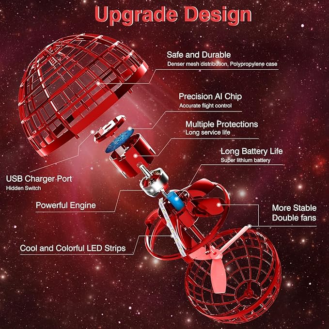 Ciniffo Flying Orb Ball 2025, Hand Controlled Boomerang Spinner Mini Drone Cosmic Globe Toy, Cool Toys Gift for 6 7 8 9 10+ Year Old Boys Girls Teens Outdoor Toys(Red)
