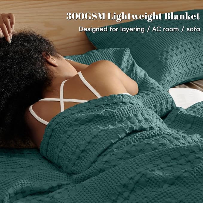 PHF 100% Cotton Waffle Weave Blanket Queen Size, Lightweight Breathable Summer Blanket for Hot Sleepers, Pre-Washed Soft Layer for Bed, Couch, Aesthetic Home Decor & Gift, 90"x90", Teal