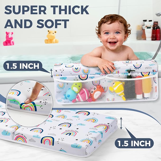 Bath Kneeler and Elbow Rest Pad Set - Comfortable 1.5” Thick Baby Bath Kneeler Pads with Toys Organizer, Non-Slip Knee Arm Support Bathtub Mat, Quick-Drying Kneeling Pad for Baby Bath Time
