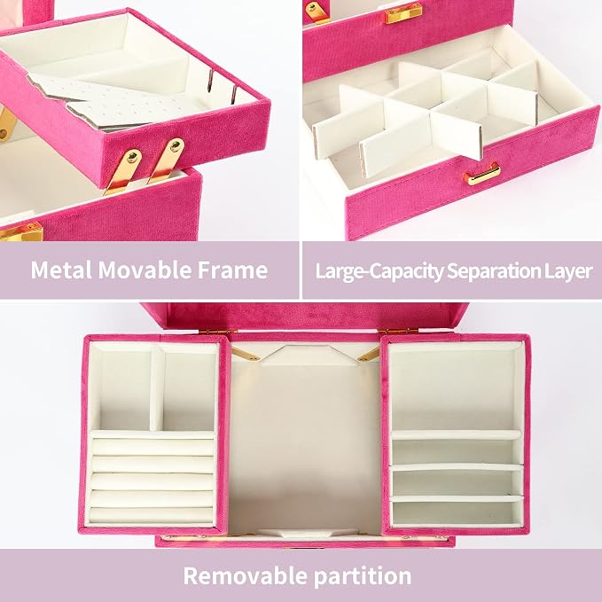 Jewelry Organizer Box, Large Jewelry Boxes for Women Girls, Space-Saving 3 Layers Jewelry Storage Case with Drawer, Gift Idea for Christmas, Valentine's Day, Birthday, Mother's Day (Red)