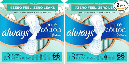 Always Pure Cotton Feminine Pads for Women, FlexFoam Pads with Wings, Size 3, Extra Heavy Flow Absorbency, Unscented, 66 Count (Pack of 2)
