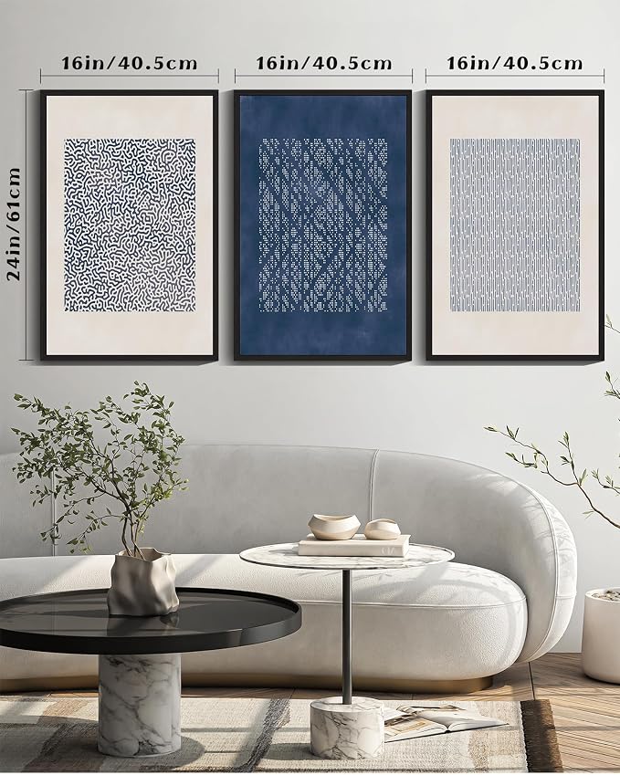 Drsoum Blue Mid-Century Modern Framed Wall Art Large 16x24in Minimalist Abstract Boho Wall Decor Geometric Artwork Kitchen Dining Room Black Framed