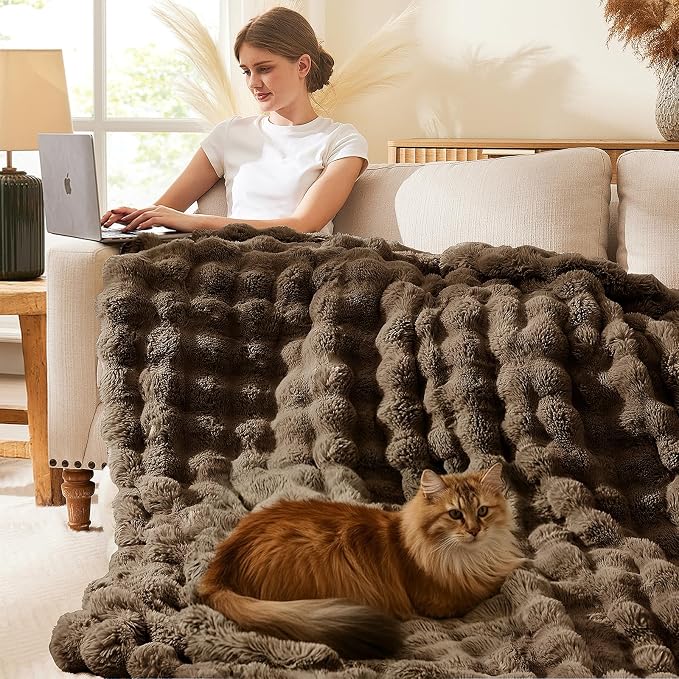 L'AGRATY Faux Rabbit Fur Throw Blanket for Couch, 90'' x 90'', Cocoa Brown | Soft Cozy Bubble Fluffy Blanket for Sofa Bed, Thick Warm Plush Fuzzy Throw for Room Home Decor, Luxury Gift for Women Mom