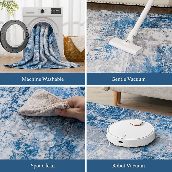 Rugflix 5x7 Area Rugs for Living Room, Washable Blue Grey Large Rug | Machine Washable; Stain-Resistant; Low Pile; Non-Slip; Modern Abstract; Carpet for Bedroom Dining Office Nursery Home