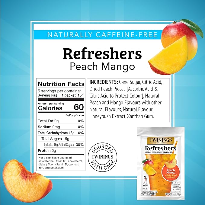 Twinings Peach Mango Refreshers, Herbal Tea Instant Beverage with Real Peach Fruit Bits, 5 Count (Pack of 1), Café Style, No Artificial Sweeteners, Naturally Caffeine-Free Refreshment, 5 Packets