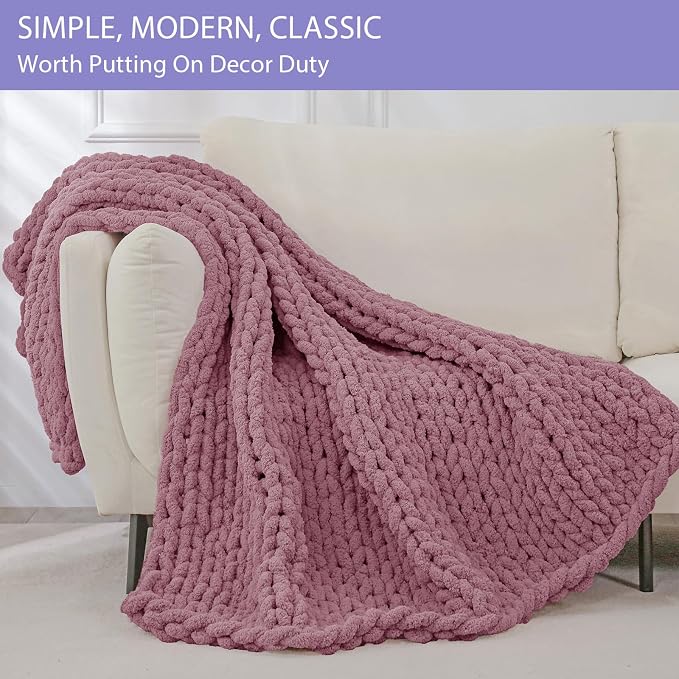 Bigacogo Chunky Knit Throw Blanket for Couch, 40x40 inches, Burnt Rose | Hand Knit with Jumbo Chenille, Soft Breathable Cable Knit for Sofa Bed Living Room, Machine Washable, Gift for Mom Friend