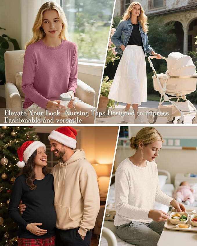 3 Pack Nursing Tops for Breastfeeding Maternity Shirts Zipper Long Sleeve Round Neck Knit Casual Nursing Clothes