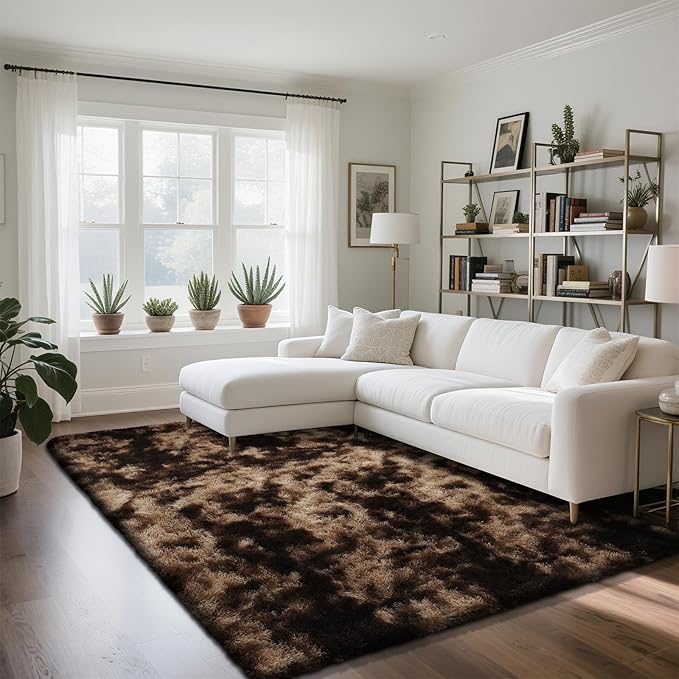 Fluffy Rug Shag Area Rug, Mottling Brown 5x8 Area Rugs for Bedroom, Small Bedside Rug, Soft Fluffy Shag Entryway Throw Rugs for Living Room Bedroom Room Home Decor
