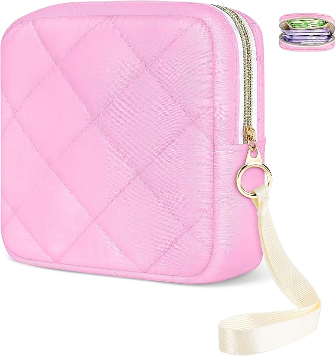 Likesing Quilted Period Bag, Period Pouches for Teen Girls Womens, Portable Sanitary Napkin Storage Bag with Wrist Strap Feminine Emergency Tampon Pad Pouch(Rose Pink)